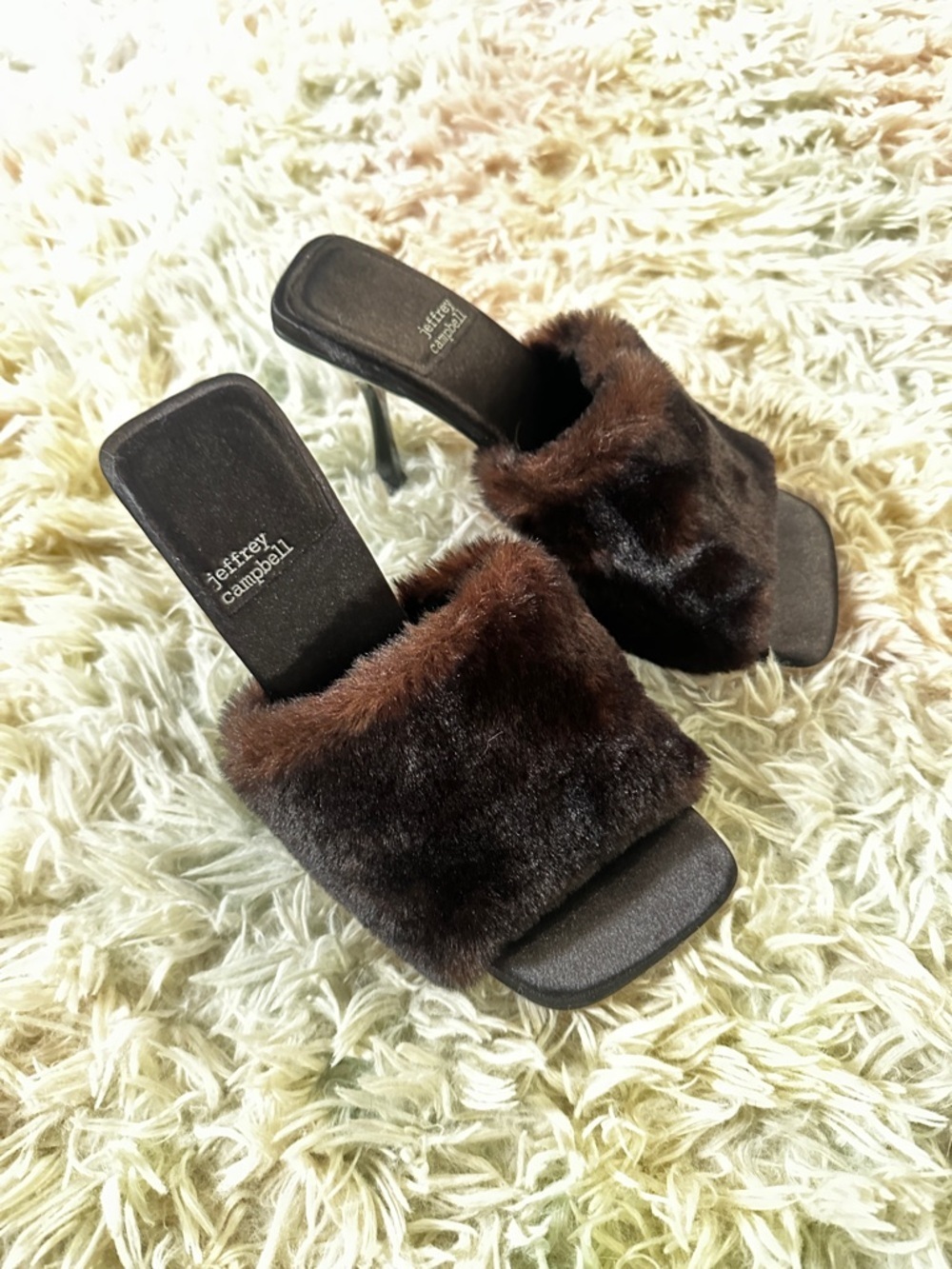 New Jeffrey Campbell Utopic Brown Faux Fur Heel Slide Sandal Size 7